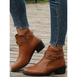 Vintage Plain Wearable Zipper Block Heel Classic Boots Buckle