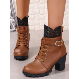 Vintage Color Block Wearable Zipper Block Heel Classic Boots Split Joint