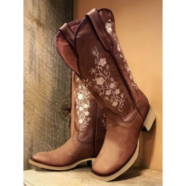 Square Toe Embroidered Western Cowboy Boots Chunky Heel Boots