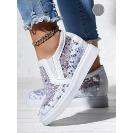 Sequins Floral Embroidered Lace Paneled Slip-On Wedge Shoes